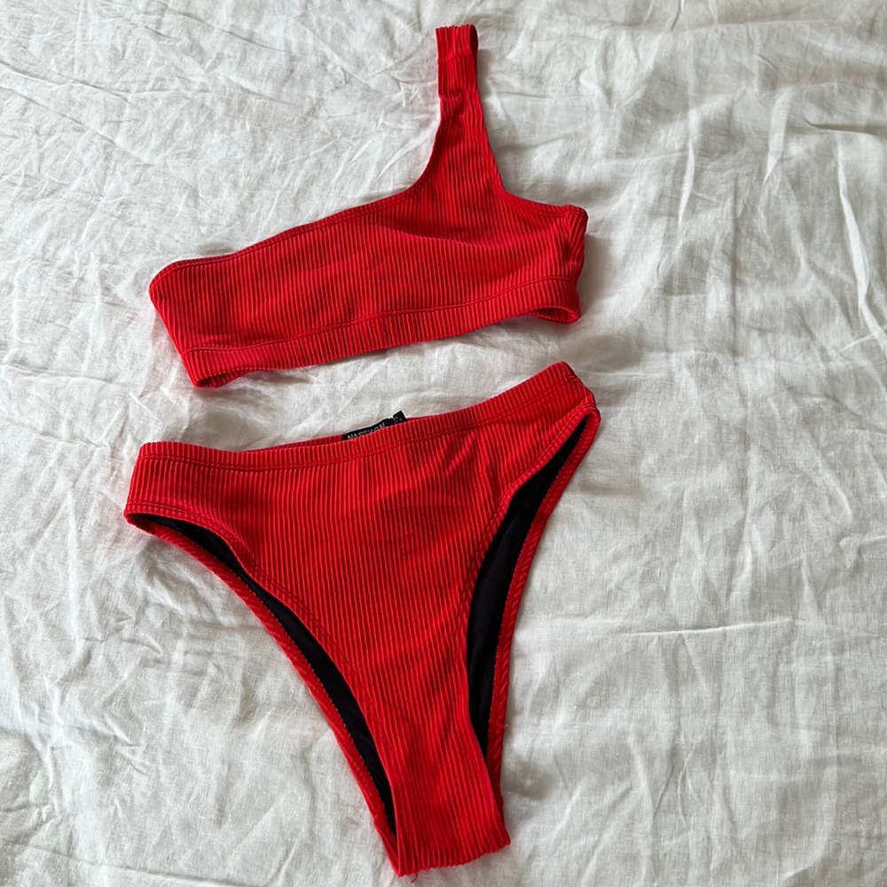 Nastygal Red One Shoulder Bathing suit set